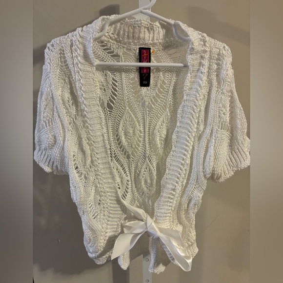 Say What? White Open Knit Ribbon-Tie Cardigan - Picture 2 of 5